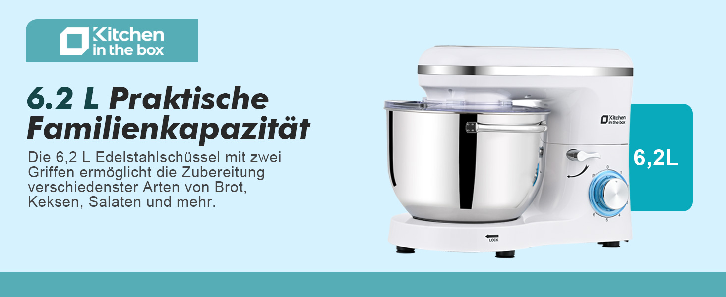 Кухонна машина Küchenmaschine 6.2 л, 1400 Вт, 6 швидкостей, з набором насадок (міксер, гак для тіста)