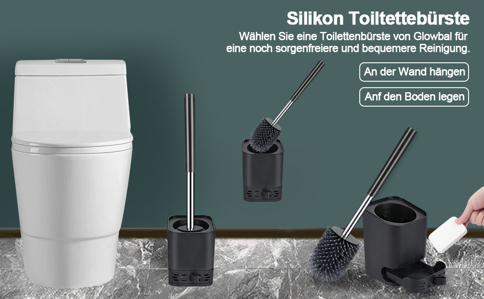 Силіконова щітка для унітазу Glowbal з контейнером, швидковисихаюча, для ванної кімнати, настінний монтаж/стоячий дизайн, білий/сірий (чорний/сірий)