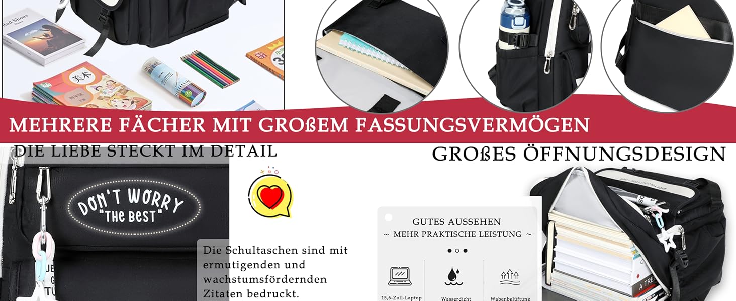 Шкільний рюкзак для підлітків дівчаток та хлопців, рюкзак у школу з багатьма кишенями, водонепроникний шкільний ранець великого розміру з відділенням для ноутбука 15,6' чорного кольору