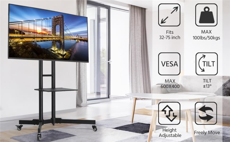 Підставка для телевізора Yaheetech на колесах, поворотна, мобільна, з кабелеуправлінням, до 75 дюймів, 50 кг