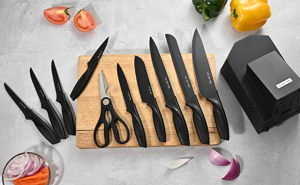 Набір ножів LIN ZHI REN 13 предметів з бруском, чорний. Кухонний набір ножів, ергономічні ручки, безпечний, для миття в посудомийній машині