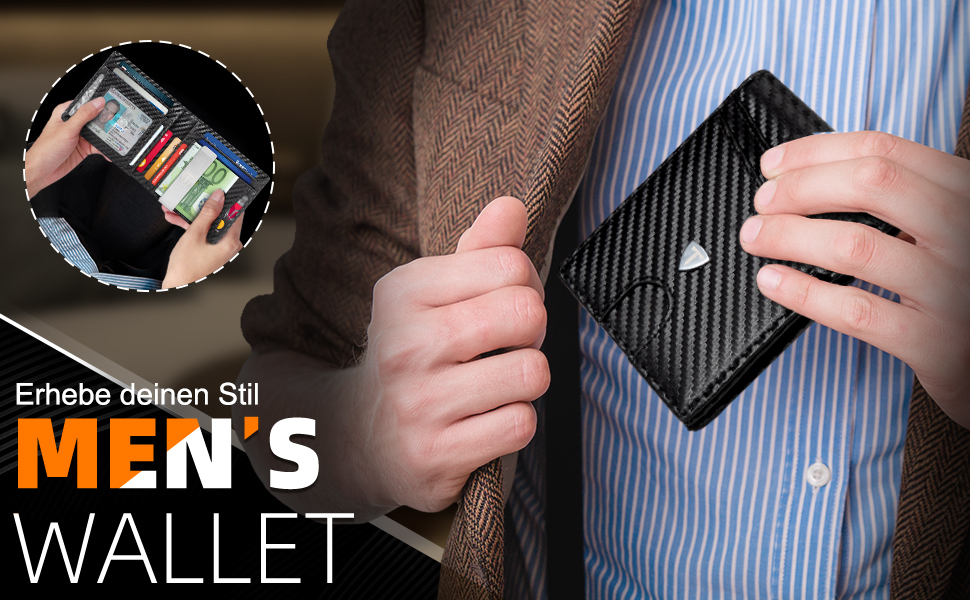 Чоловічий тонкий гаманець RFID захистом з карбонової шкіри, Portmonee з 11 відділеннями для карток, віконцем для ID, відділенням для грошей, мінімалістичний гаманець з подарунковою коробкою - Чорний