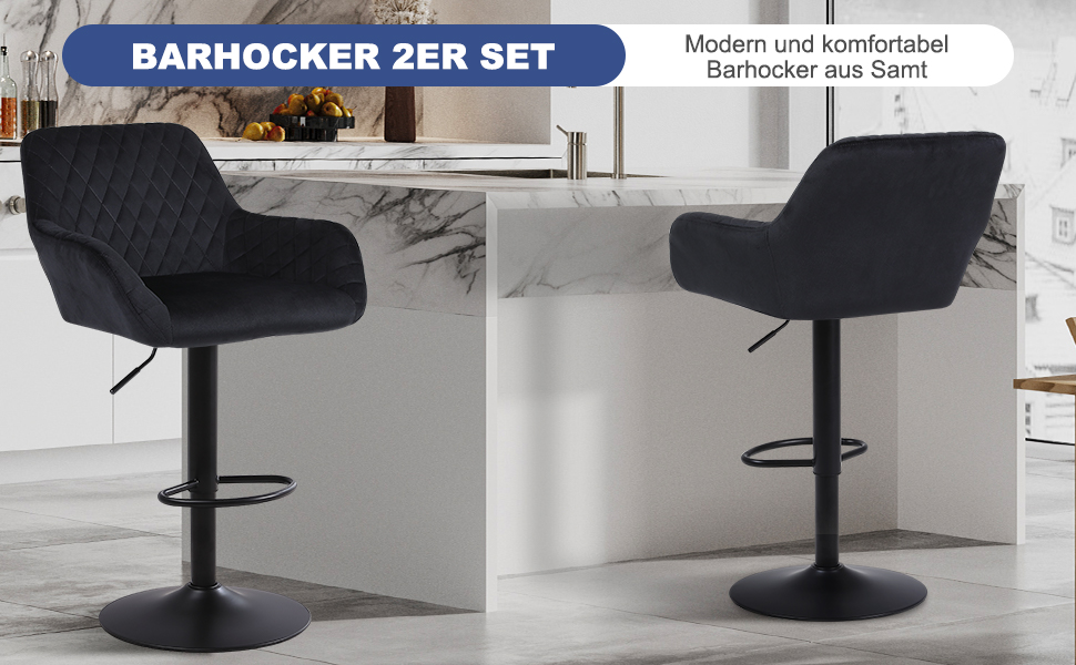 Ralex Velvet Bar Stools 2-Pack - Adjustable Swivel Bar Chairs with Backrest & Armrests for Kitchen, Bar & Counter - Black