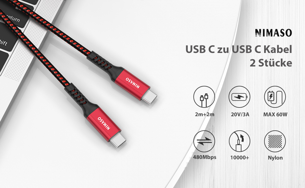 Кабель USB-C Nimaso [2 шт., 2 м], 20V/3A/60W, для Samsung, Google Pixel, MacBook, iPad, iPhone, червоний