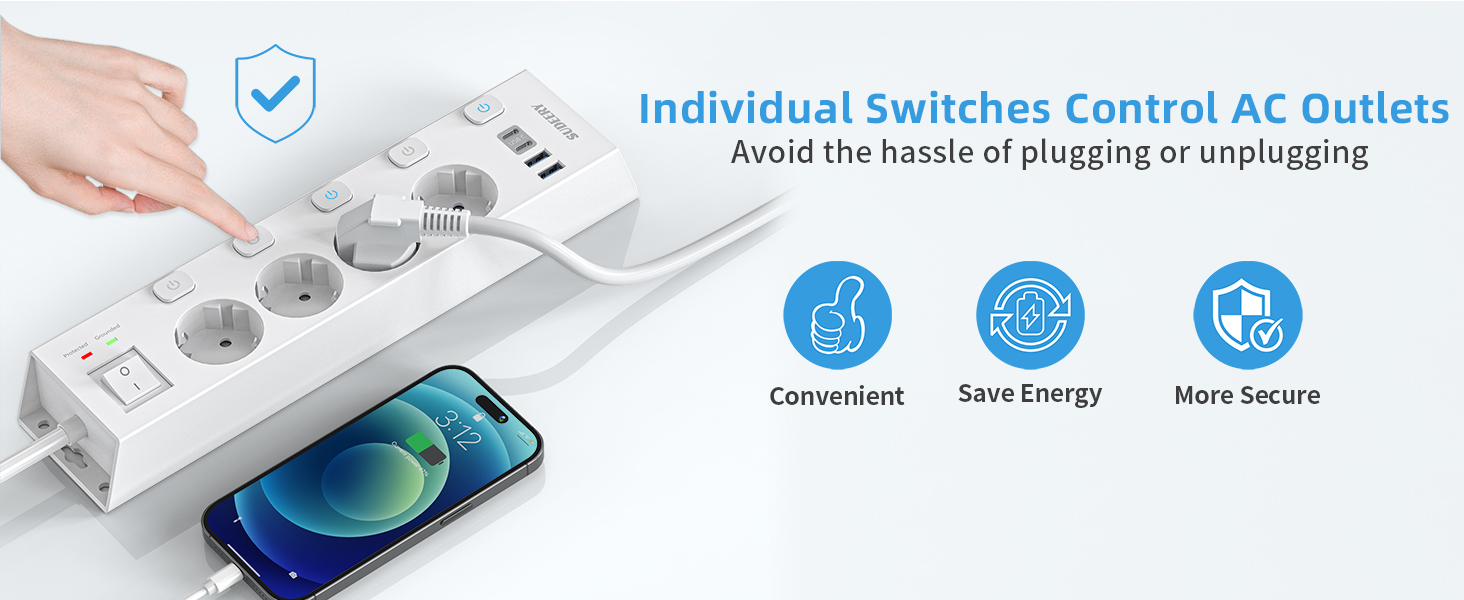 Мережевий фільтр Steckdoseleiste 5-фазний з індивідуальним вимикачем, захистом від перенапруги 1050J, для дому та офісу, кабель 2м (4 фази з USB, білий)