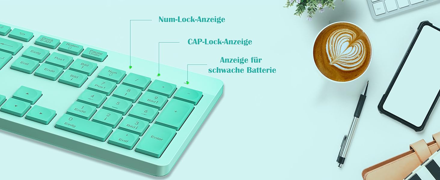 Бездротовий комплект клавіатури та миші Leadsail K786 з цифровою клавіатурою QWERTZ (німецька версія) - тиха клавіатура, 2.4 GHz, USB Nano приймач для ПК/ноутбука (зелений)