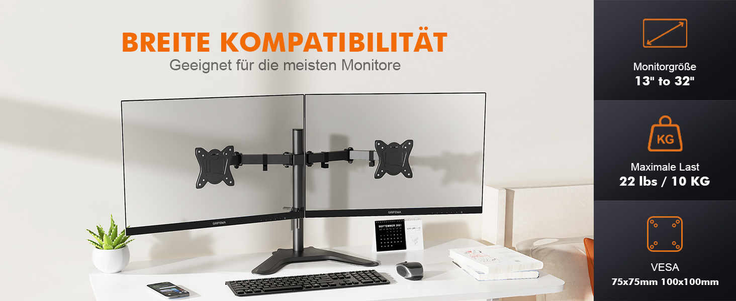 Тримач для монітора GRIFEMA для 2 моніторів, 13-27 дюймів, регульований, гнучкий, VESA 75/100mm, GB2001A-2 (U-основа)