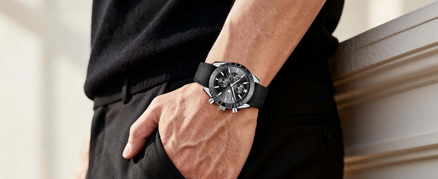 Годинник чоловічий BENYAR Chronograph з аналоговим кварцовим механізмом, шкіряний ремінець, стильний дизайн для бізнесу та спорту, водонепроникність 30M, елегантний подарунок для чоловіків (чорний ремінець/рожево-золотий корпус/чорний циферблат)