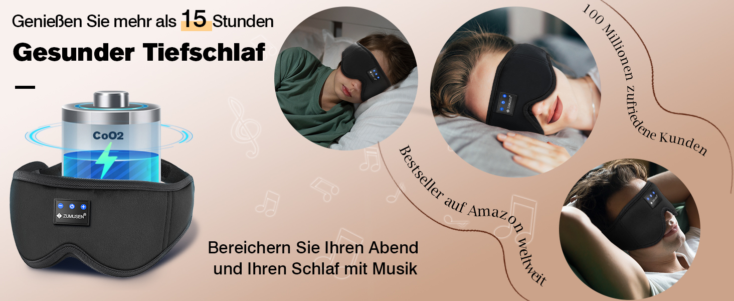 Маска для сну ZUMUSEN з навушниками Bluetooth V5.4, 3D маска для сну, повна світлонепроникність, регульована, для відпочинку, медитації, подорожей (Чорний)