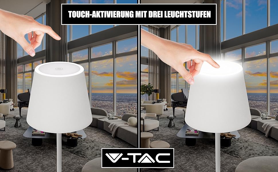 LED-лампа настільна V-TAC з бездротовим живленням та сенсорним керуванням, акумулятор 4400mAh, тепле світло 3000K, IP54 для використання в приміщенні та на вулиці