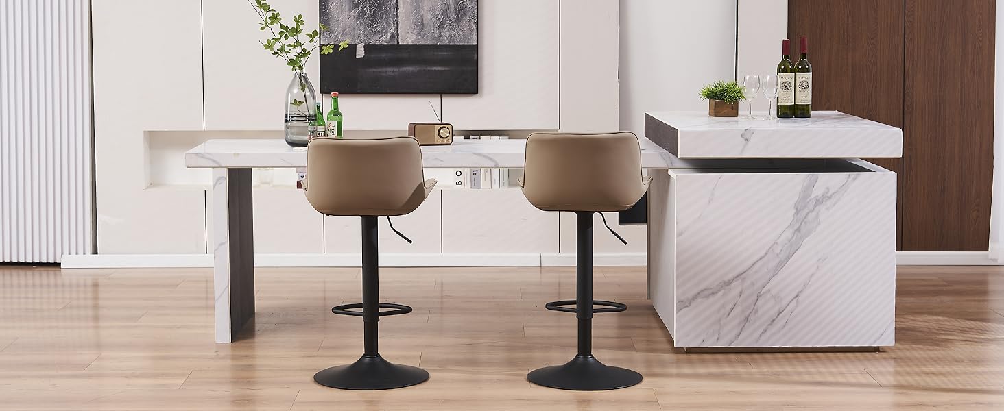 YOUNIKE Adjustable Bar Stools 2-Pack - Modern Kitchen Barstools with PU Leather Upholstery, Swivel Metal Bar Chairs for Counter/Island - Khaki Net Khaki
