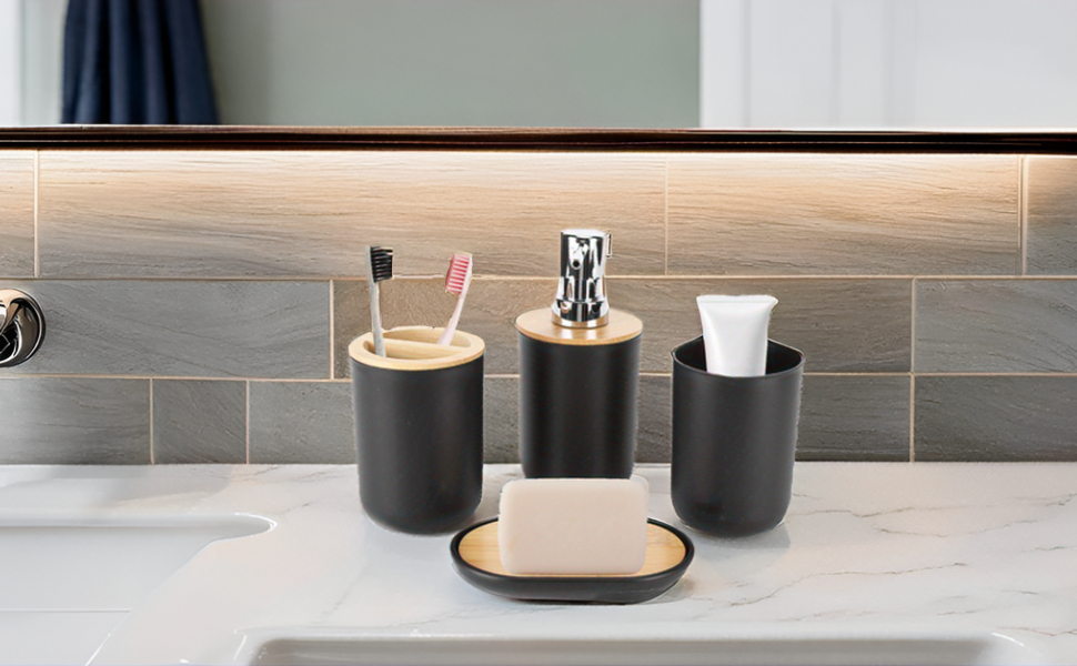 Набір аксесуарів для ванної кімнати на 4 частини (тримач для зубних щіток, мильниця, дозатор для лосьйону, стакан для ополіскувача), сучасний дизайн, чорний колір