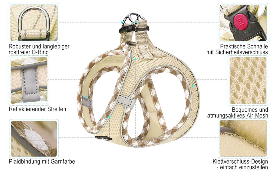 Нашийник та поводок для собак Haapaw, антинатяг, регульований, світловідбиваючий, Step-in, для цуценят та маленьких собак, посилена підкладка, колір Бежевий, розмір M (38.1-45.7 см, 4.5-6.8 кг)