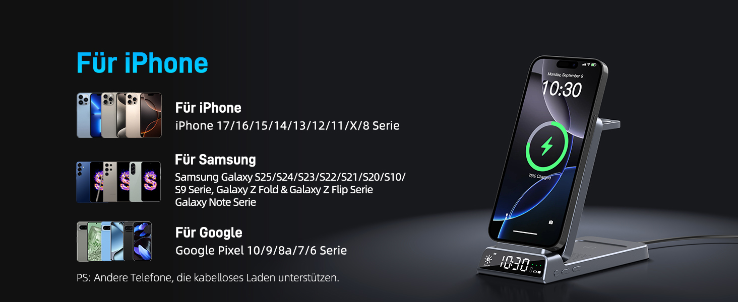 Зарядна станція 3-в-1 бездротова для iPhone, Apple Watch, AirPods, з годинником, для подорожей