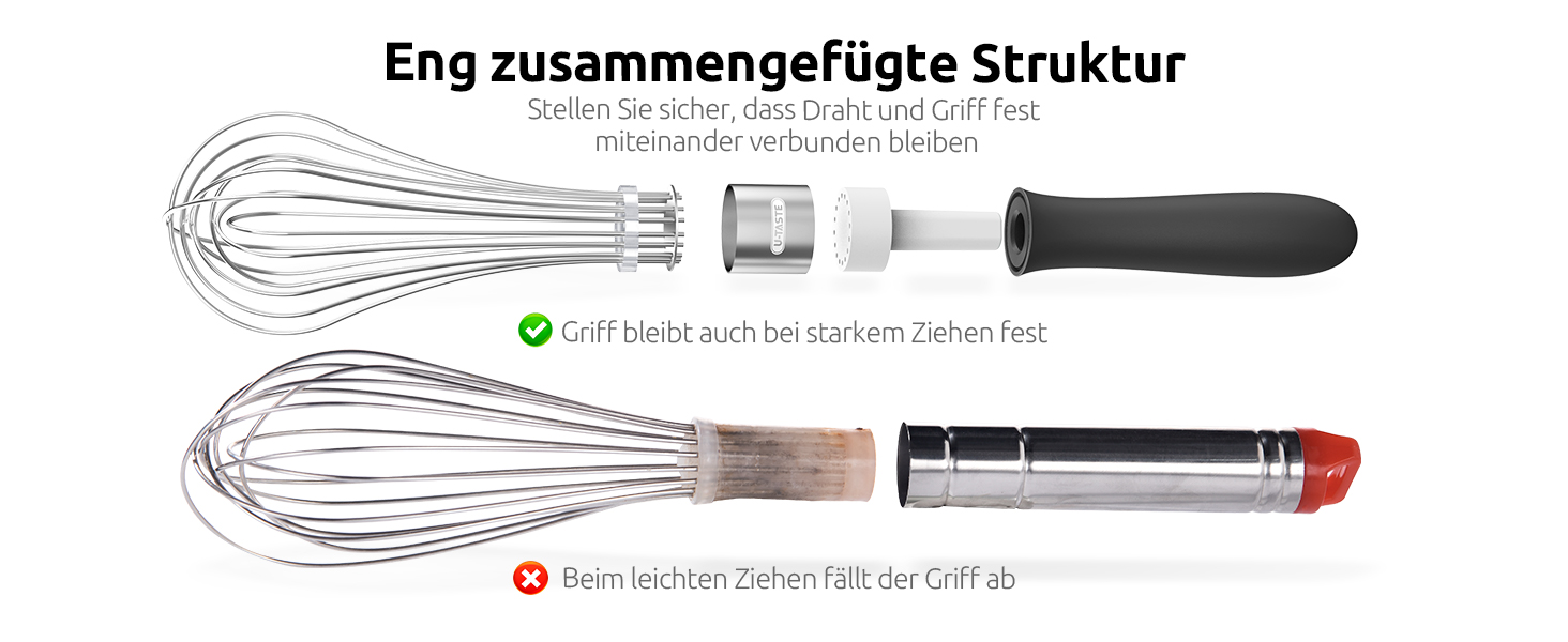 Міксер кухонний U-Taste, 30 см, з нержавіючої сталі 18/10, 12 гнучких дротів, силіконовий ручка, для тіста та соусів (Чорний)