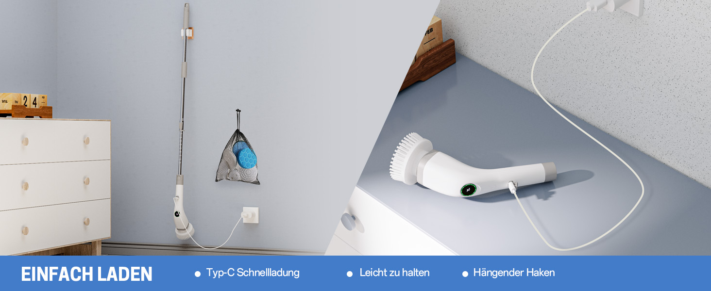 Електрична щітка для прибирання ванної кімнати, 7 в 1, з набором насадок, LED-дисплей, регульована ручка, IPX7, білий