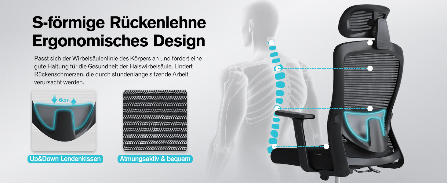 Ергономічне крісло для офісу з регульованою поперековою підтримкою, 2D підголівником та підлокітниками, поворотне, до 150 кг, чорний колір, нейлон