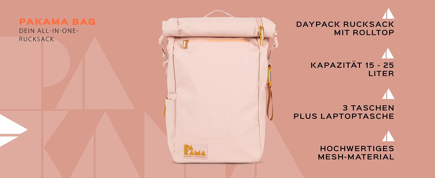 PAKAMA Рюкзак-мішок Rolltop 25л для жінок і чоловіків, водонепроникний, багато відділень, для роботи, подорожей і відпочинку, з відділенням для ноутбука, туристичний рюкзак (рожевий Paris Pink)