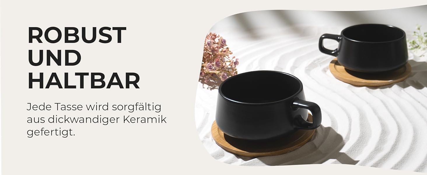 MIAMI - Set of 4 x 320 ml Coffee Cups/Cappuccino Cups with Saucers/Elegant/Modern/Coffee Cups made of stoneware - Luxe Collection 4-Piece Set (Black)