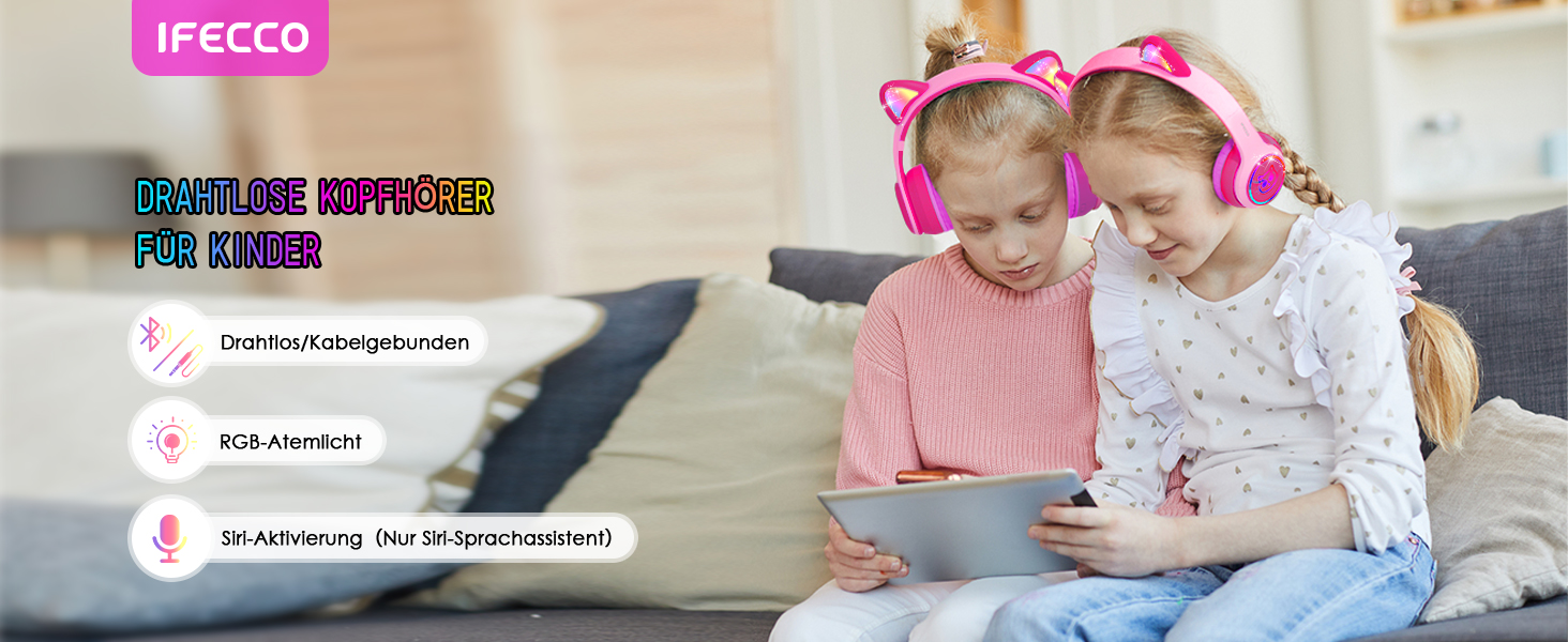 Дитячі бездротові навушники IFecco з мікрофоном, Bluetooth, LED, котячі вушка (рожевий)