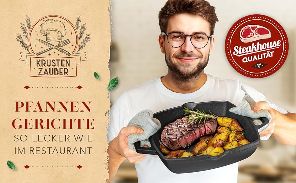 Чавунна гриль-сковорода Krustenzauber 26 см з подвійним руків'ям для індукційних плит. Рифлена сковорода для смаження