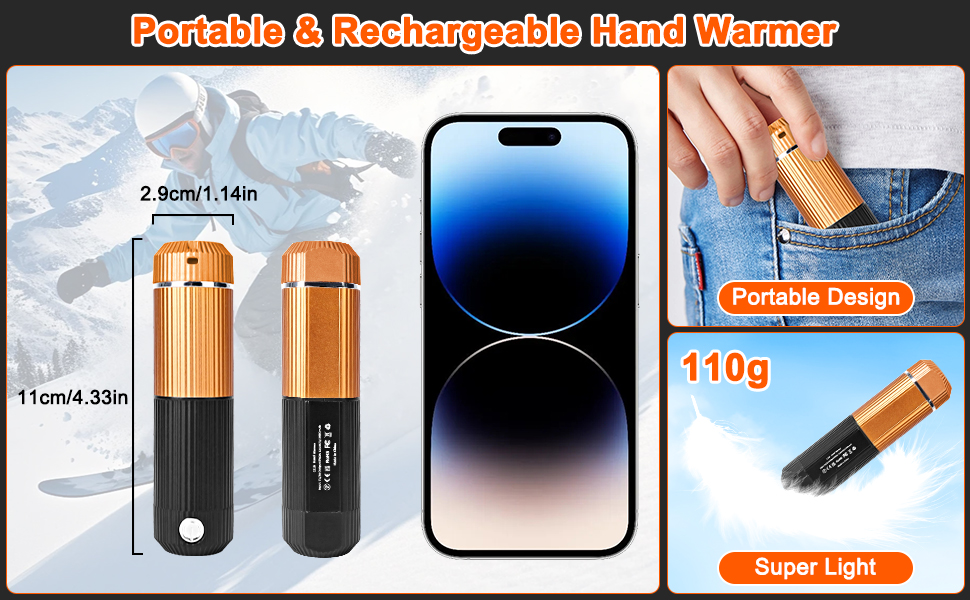 Електричний підігрівач для рук, багаторазовий, 2 шт., 10000mAh, USB, магнітний дизайн, для зими, подарунок, Outdoor, кемпінг (Чорний-Помаранчевий)