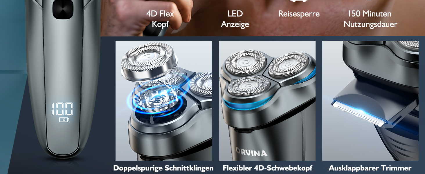 Електричний чоловічий бритва: бездротовий ротаційний бритва з LED-дисплеєм, IPX7, вологостійкий (сріблястий) H9