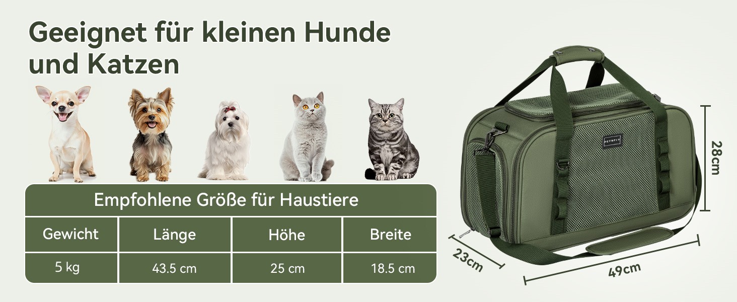 Транспортна переноска для кота та собаки Petsfit - міцна, дихаюча, з ковдрою та ручкою-телескопом, оливковий (49x23x28 см)