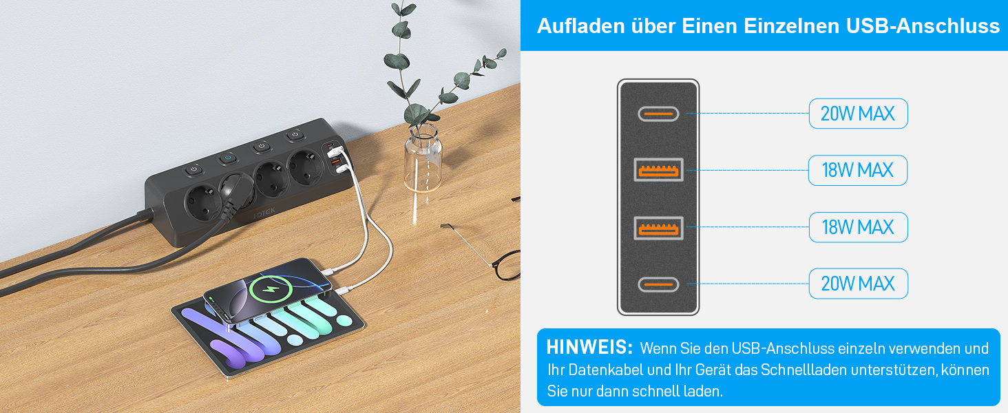 Мережевий адаптер PD 20W з плоским штеплером, розетка FDTEK 4-портова з індивідуальним вимикачем, 4000W, 16A, USB-C, розетка для столу з вимикачем, настільна розетка з кріпленням на стіну, кабель 2м (Чорний з кріпильною пластиною)