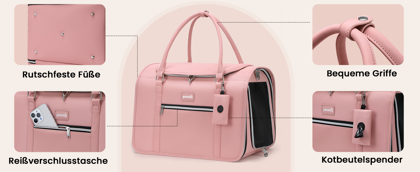 Транспортна переноска для котів та собак Pecute, рожева, з PU-шкіри, для подорожей