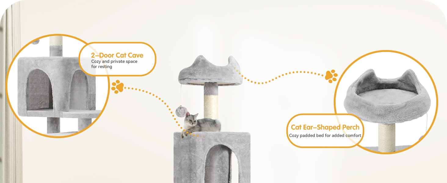Кігтеточка YITAHOME XL, 137 см, з 2 сизалевими стовпчиками, 1 платформою, 2 хованками, гамаком, плюшевими кульками, дощечкою для заточування кігтів, котячий комплекс, сірий 45 x 45 x 137 см