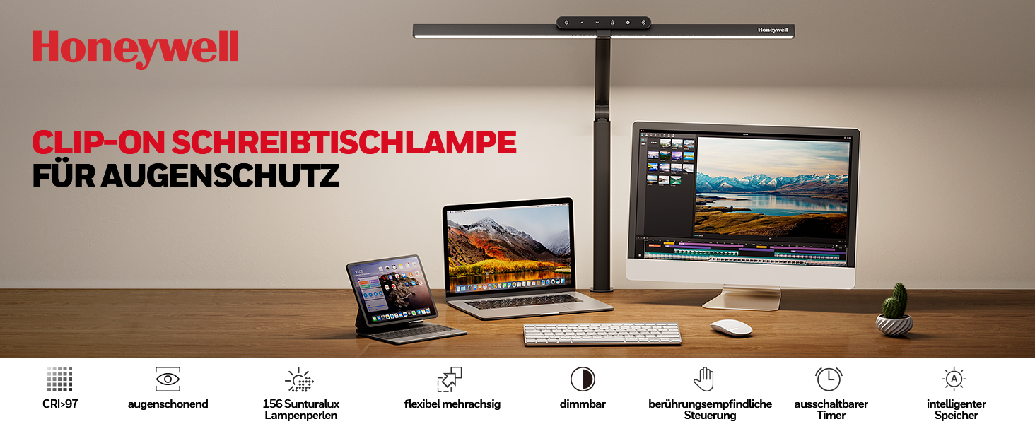 LED лампа для столу Honeywell HJ1 Sunturalux™ - регульована, для офісу та дому, з кріпленням, чорна