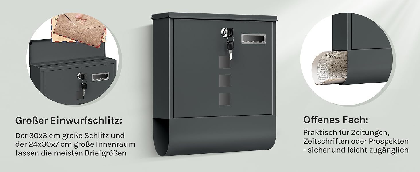 Поштовий ящик WOLTU з газетницею та вікном, замок, табличка для імені, вуличний, антрацит 37x37x10.5 см
