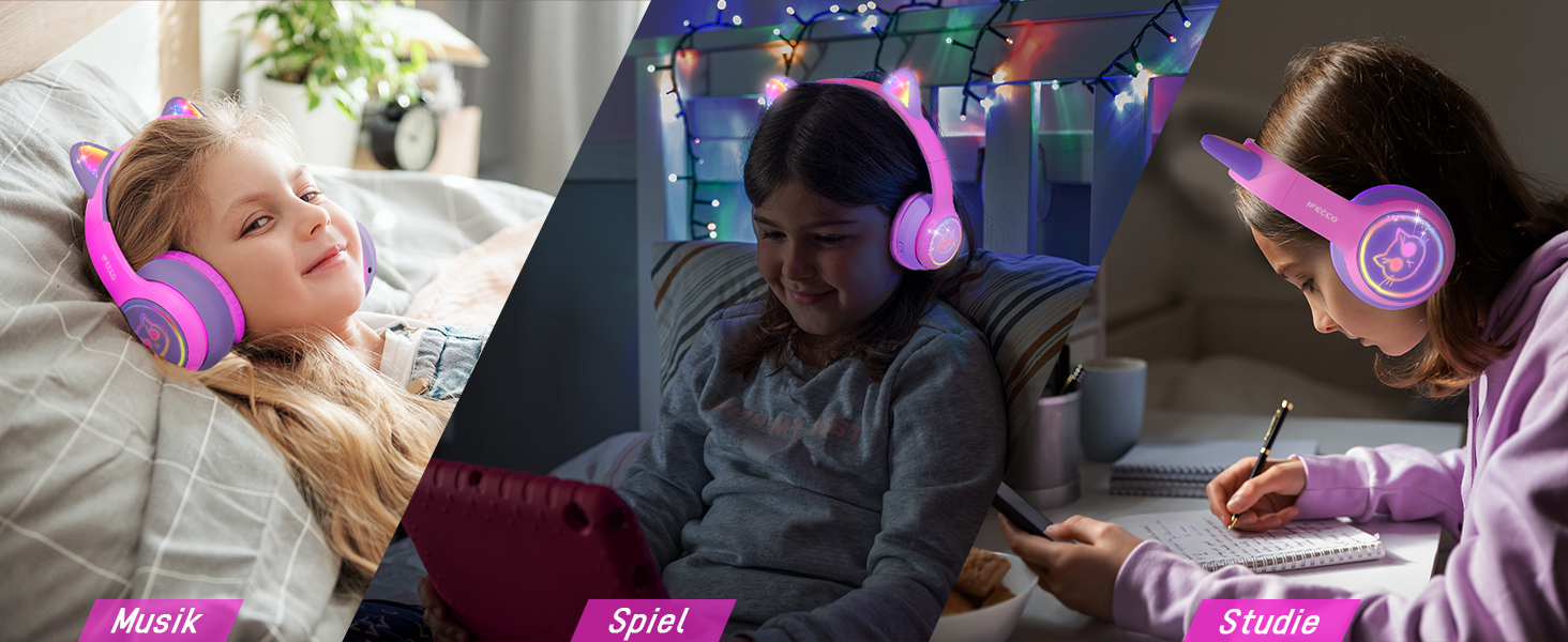 Бездротові навушники IFecco для дітей з мікрофоном, Bluetooth, LED-підсвітка, котячі вушка, рожево-фіолетові, для iPad/планшету/телефону/школи