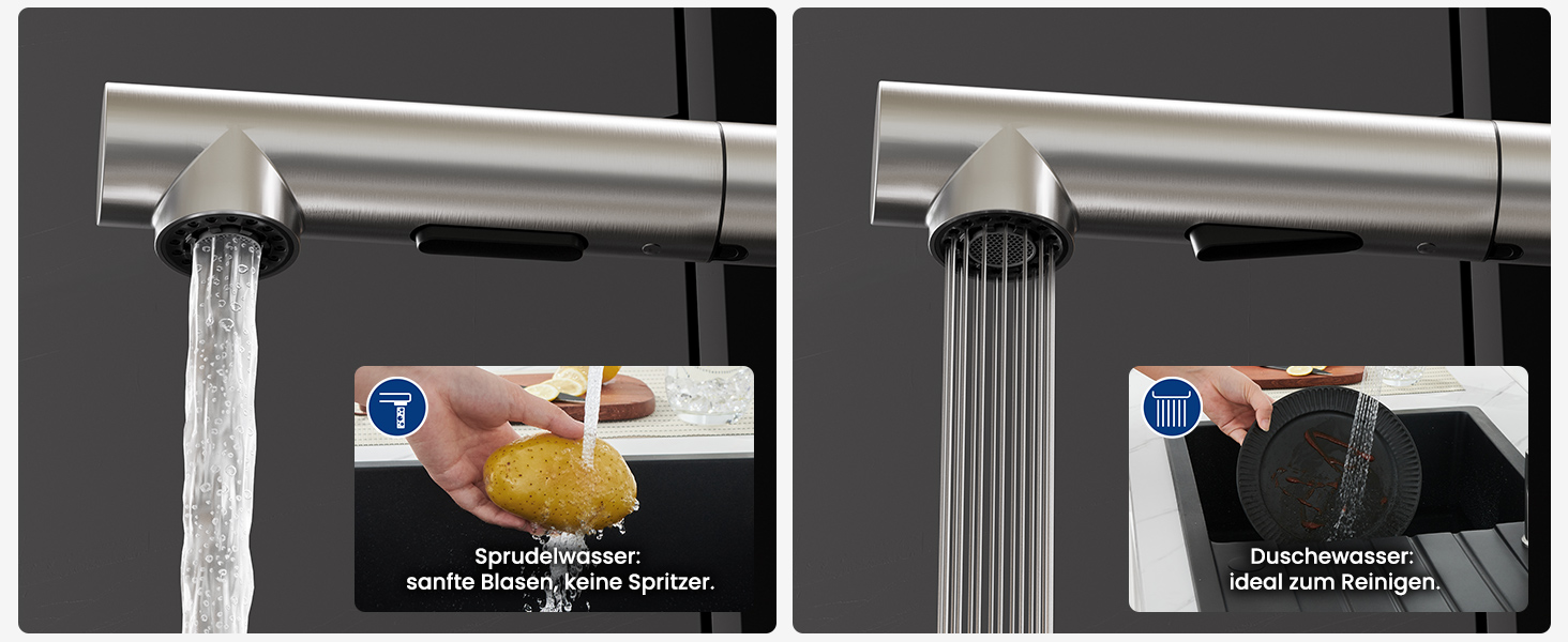 Змішувач для кухні CECIPA X203B чорного кольору з висувною лійкою, поворотний на 360°, з двома режимами струменя, нержавіюча сталь