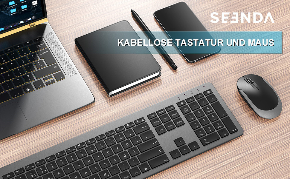 Бездротовий комплект клавіатури та миші Seenda SK38-3 Ultra-Dünne, Ергономічна клавіатура з захистом від пилу, DE QWERTZ, Чорний/Зелений