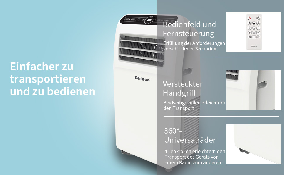 Мобільний кондиціонер SHINCO 12000 BTU (3,5 кВт) з виносним шлангом, охолодження, вентиляція, осушення, для приміщень до 90 м³, білий