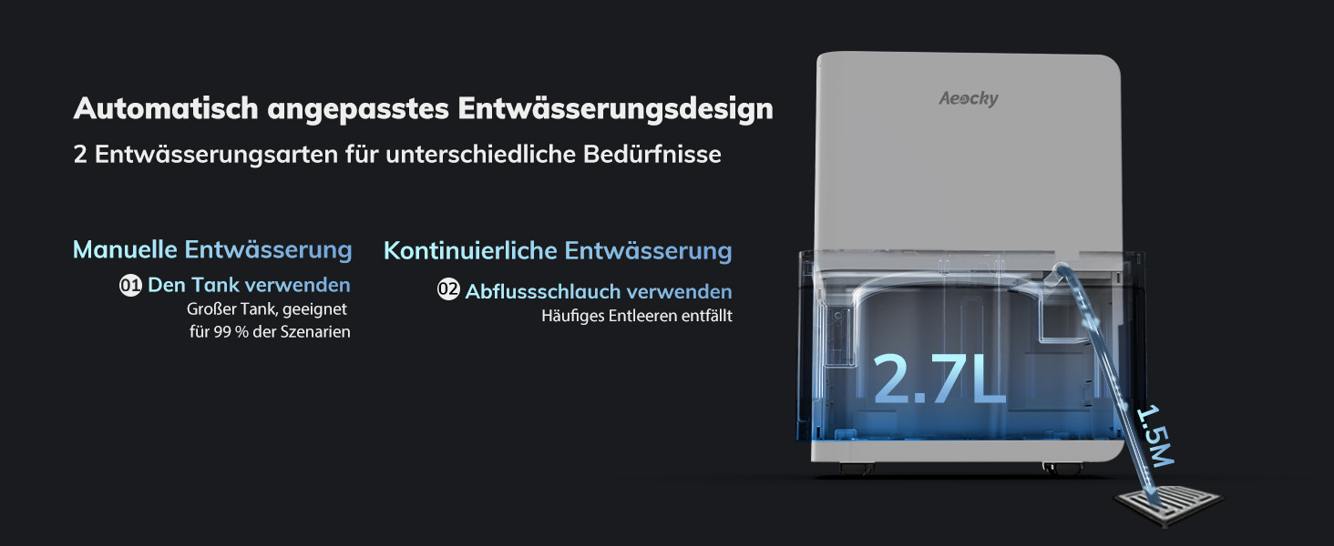 Електричний осушувач повітря AEOCKY Max 25L для дому, 25 літрів, 50 м², з відведенням води, для підвалу, пральні, спальні, ванної кімнати, білий