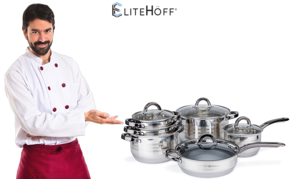 Набір посуду EliteHoff Induktion: 12-ти частинний набір каструль та сковорідок з нержавіючої сталі з кришками та чорними ручками, для всіх типів плит