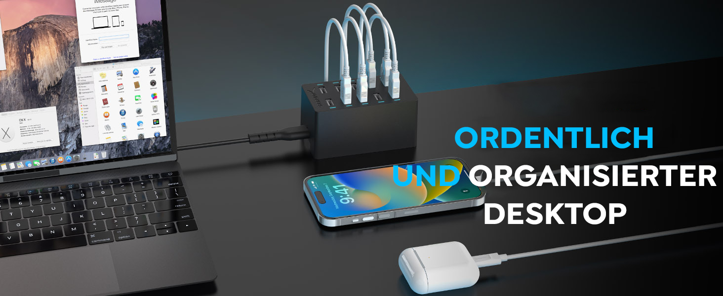 Зарядний пристрій Sabrent USB 60W, 10 портів, швидка зарядка для MacBook, ноутбуків USB-C, iPhone, Samsung Galaxy (AX-TPCS) - Чорний