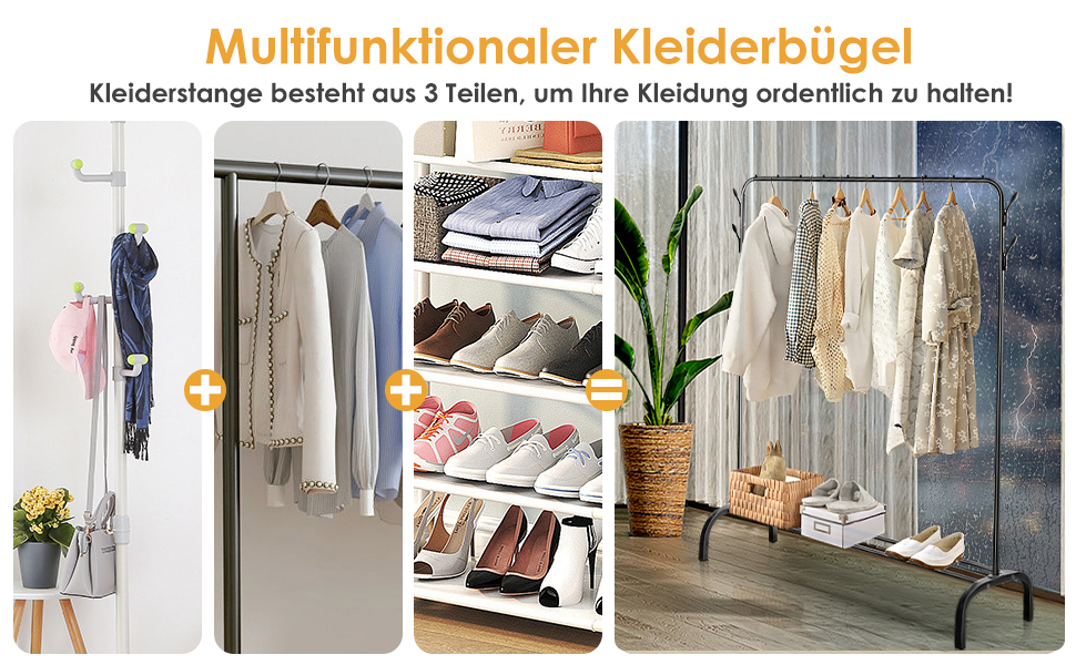 Стійка для одягу на підлозі, чорна, з полицею для взуття та нижньою полицею, металева, для спальні