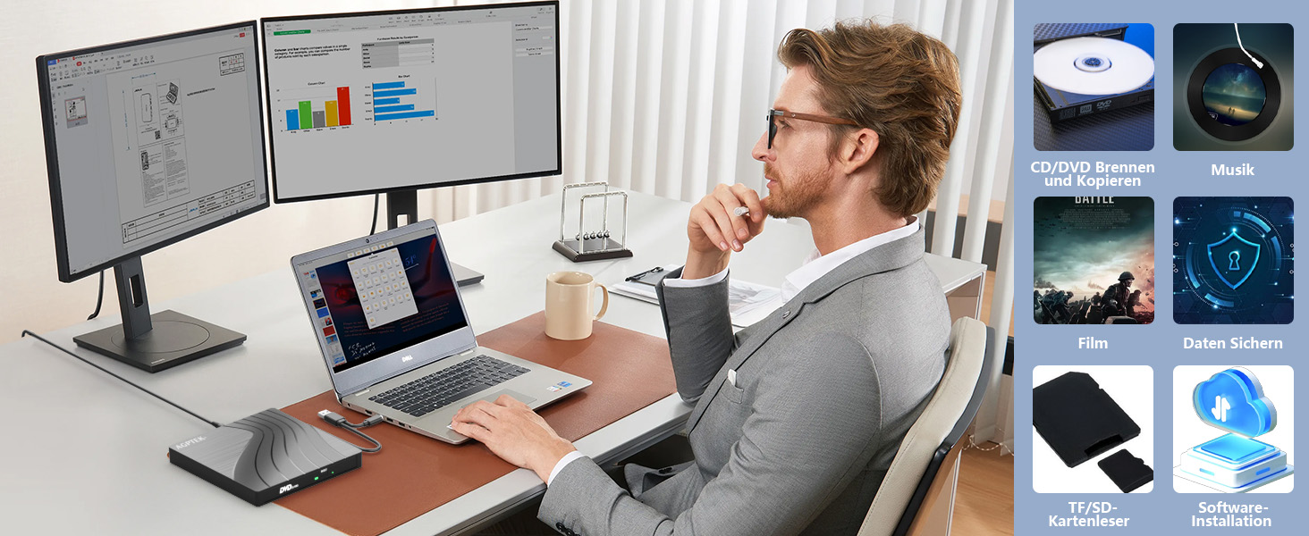 Зовнішній DVD-накопичувач AGPTEK USB 3.0 Slim CD/DVD-брунер з картридером TF/SD для ноутбука, MacBook, Windows, Linux, Mac OS