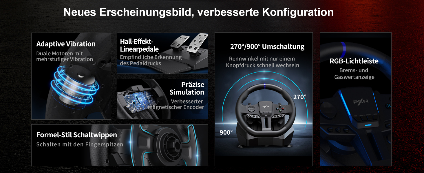 PXN V900 Gen2 Ігровий кермо з педалями Hall Effect – 16-бітне USB кермо для ПК з кутом повороту 270°/900°, вібрація, перемикачі передач та керування через додаток – сумісне з PC, Xbox, PS4, PS3, Switch