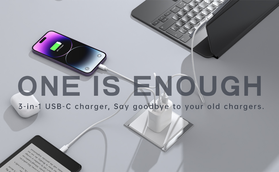 Зарядний пристрій USB-C 65W 3-порти, мережевий адаптер PD для MacBook Pro/Air, iPhone 16/15/14/13, iPad, Samsung S24, Pixel (Білий)