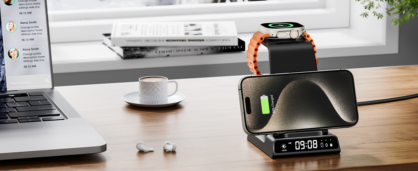 Бездротова зарядна станція 3-в-1 для Apple iPhone 16/15/14/13/12 Pro/Plus, Apple Watch Ultra 2/9/8/7/6/5, AirPods Pro/4/3/2 – Чорна