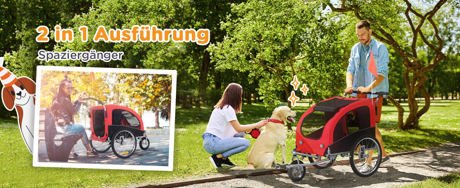 PawHut Причіп для собак 2-в-1, велосипедний причіп для собак, візок для собак з відбивачами, прапорцем, причіп для собак PawHut, оксфордська тканина (Червоний+Чорний)