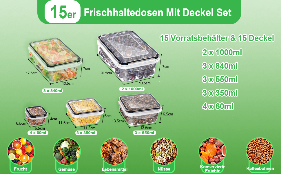 Набір контейнерів для зберігання їжі Kottwca, 30 шт. (15 контейнерів + 15 кришок), набір Tupperware для кухні, Meal Prep, 100% захист від протікання, BPA Free, для мікрохвильової печі та холодильника