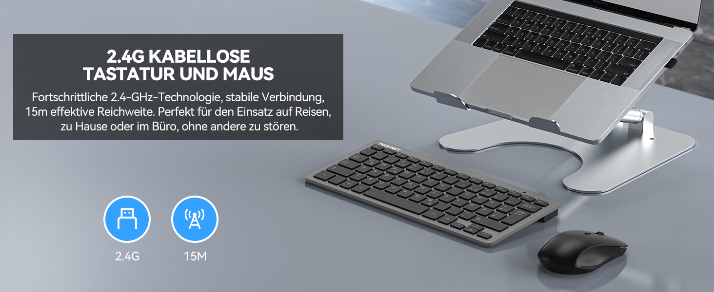 TECKNET Бездротовий Набір Клавіатури та Миші, QWERTZ, 2.4 GHz, 15м, Безшумна Клавіатура та Миша для ПК, Ноутбука, Smart TV, Білий (Сірий)