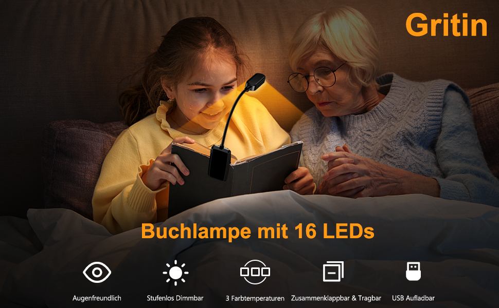 Світлодіодна лампа для читання Gritin з USB-зарядкою, 16 LED, 3 режими температури кольору (білий/бурштиновий/змішаний), регулювання яскравості, гнучкий поворот на 360°, чорна