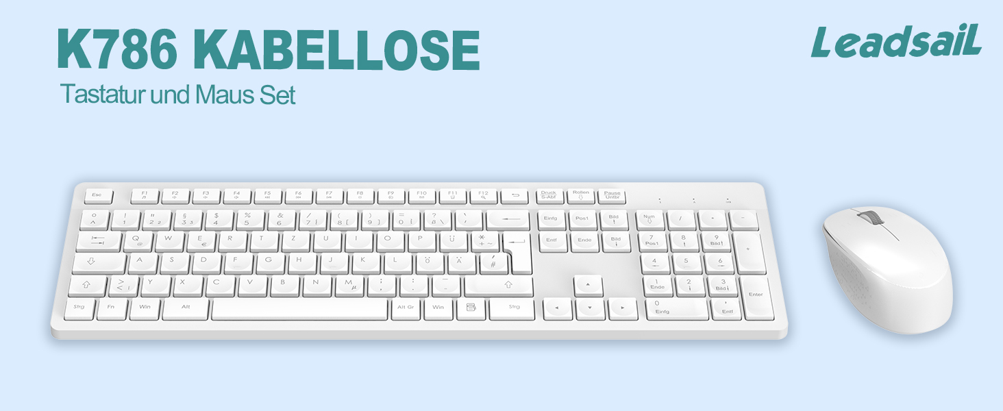 Бездротовий комплект клавіатури та миші Leadsail K786 з цифровою клавіатурою QWERTZ (німецька) - тиха клавіатура, 2.4 GHz, USB Nano приймач для ПК/ноутбука (білий)